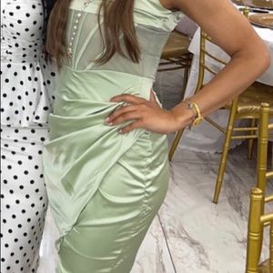 Sage green corset style midi dress. Satin material and super comfy.